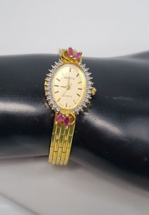 Vtg1960s Geneve Quartz Thailand Movement Gold Womens Oval Watch Rubies Hong Kong main image 9